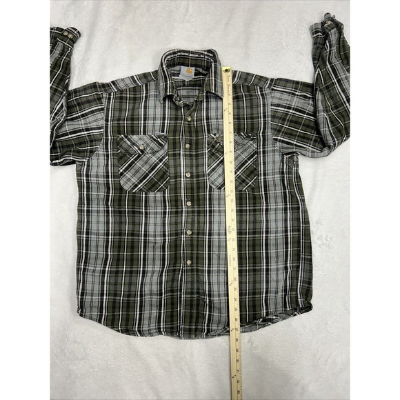 Carhartt Distressed Grunge Gray & Green Plaid Flannel Shirt Men's Size Large - Picture 7 of 9